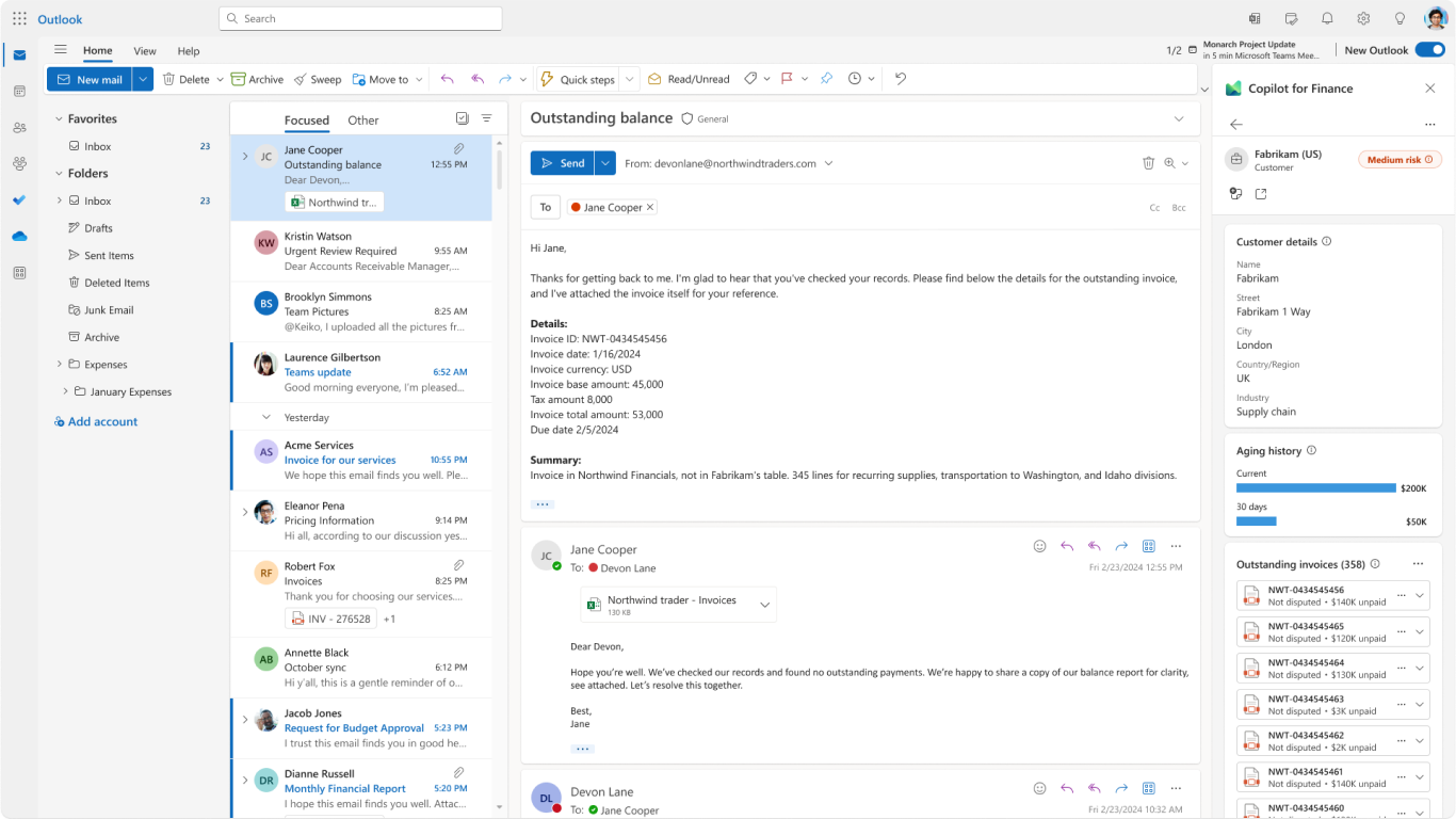 Microsoft 365 Copilot for Finance Outlook Screen Microsoft 365 Copilot for Finance Outlook Screen