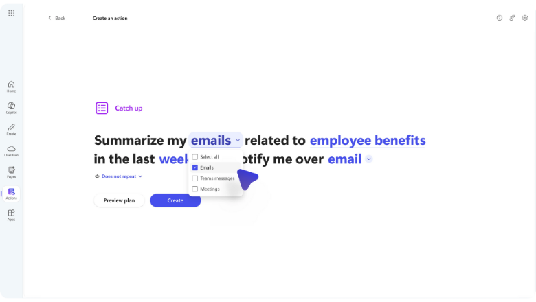 Microsoft 365 Copilot Actions Screen